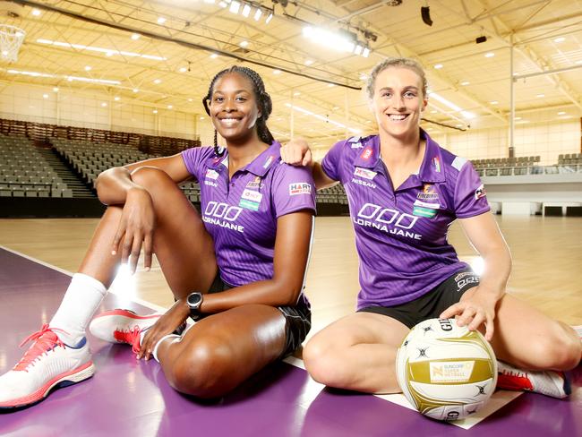 Romelda Aiken and captain Gabi Simpson in their new stadium. Picture: AAP