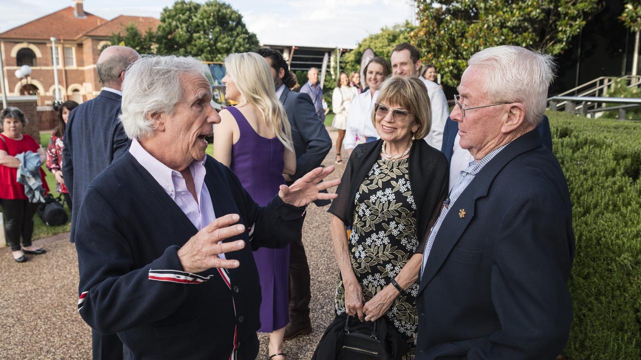 Happy Days star Henry Winkler talking with Heidi and Les Robinson before speaking to a sold-out crowd at the Empire Theatre for Toowoomba Hospital Foundation's Tilly’s Legends at their Game. Picture: Kevin Farmer