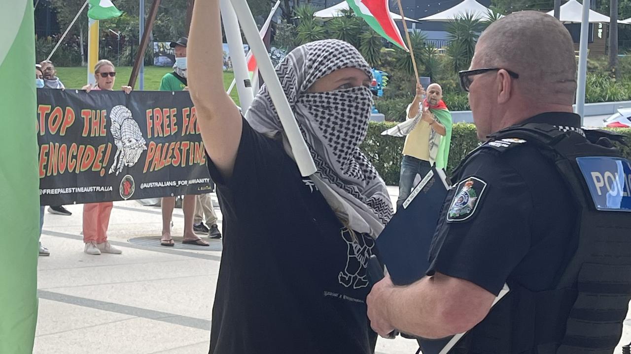 Protesters gather outside Gold Coast City Council chambers on Tuesday, May 28, to demand Council sever sister city ties with Netanya, Israel. Picture: Paul Weston