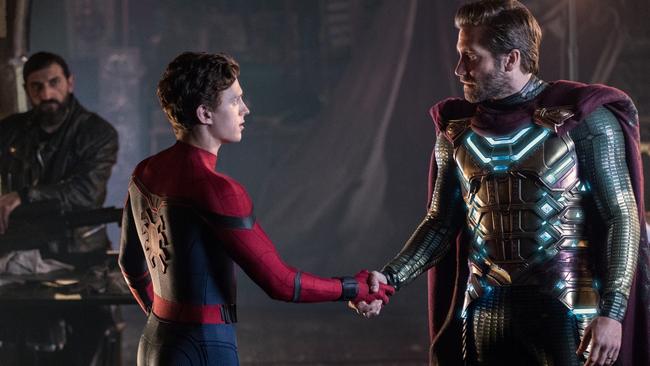 Tom Holland as Spider-Man and Jake Gyllenhaal as Mysterio in <i>Far From Home</i>.