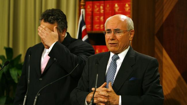 Then workplace relations minister Joe Hockey and then PM John Howard announce plans to soften WorkChoices legislation in May 2007. Picture: AAP