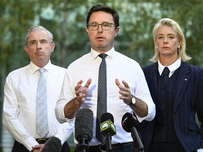 CANBERRA, AUSTRALIA  - NewsWire Photos - MAY 12, 2025: Leader of The Nationals, David Littleproud, Kevin Hogan and Bridget McKenzie hold a press conference at Parliament House in Canberra. Picture: NewsWire / Martin Ollman