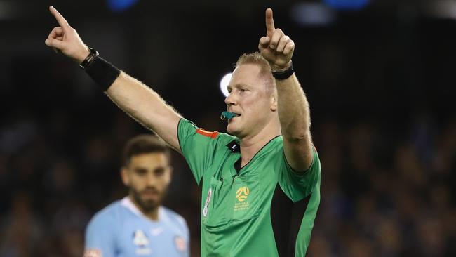 Referee Kurt Ams signals for the VAR during the A-League match between Melbourne Victory and Melbourne City at Marvel Stadium. Picture: Getty Images