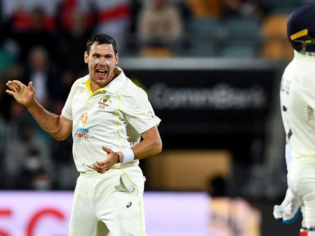 Australia's Scott Boland celebrates dismissing England batsman Sam Billings in Hobart. It was his 18th wicket in the Ashes series. Picture: William West