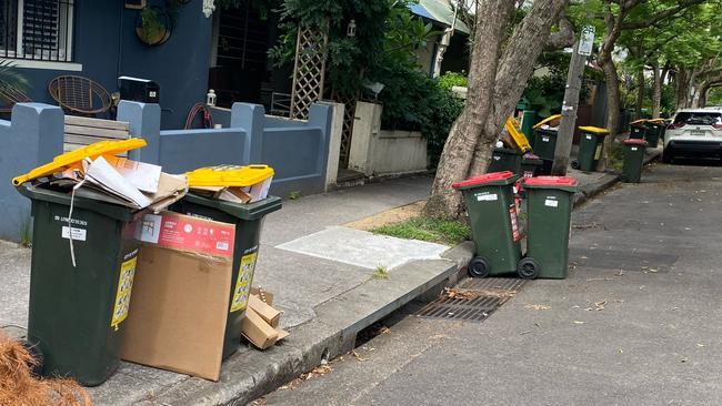 Uncollected yellow bins on Ashmore Street in Erskineville.