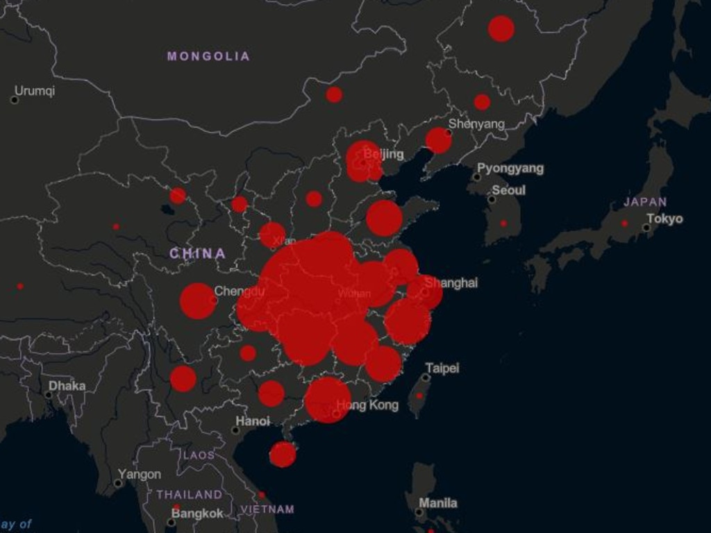 The coronavirus has killed more than 300 people in China and infected almost 17,000 worldwide. Picture: John Hopkins University Center for Systems Science and Engineering