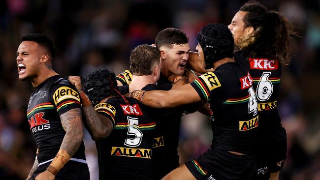 Penrith celebrate their come-from-behind win. Picture: Brendon Thorne/Getty Images