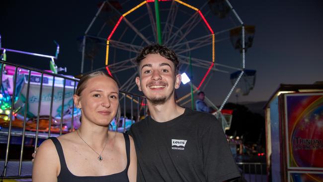 Leighla Coutts and Denzel McIntosh in sideshow alley. Heritage Bank Toowoomba Royal Show. Thursday April 18th, 2024 Picture: Bev Lacey