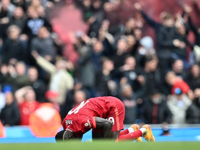 Liverpool striker Sadio Mane celebrates scoring the team's second goal against Manchester City at the Etihad Stadium. Picture: Paul Ellis/AFP