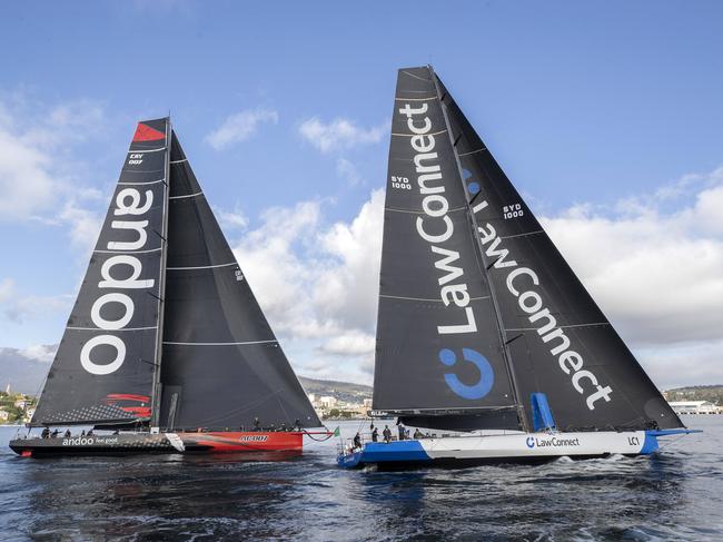 LawConnect winning the 2023 Rolex Sydney Hobart yacht race after a close finish with second place Andoo Comanche. Picture: Chris Kidd