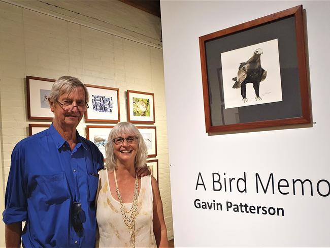 Gavin and Tess Patterson at the launch of the book, A Bird Memoir - Sketches and Stories of birds around Wide Bay. An exhibition of the watercolour sketches in the book is in the upstairs gallery of Gatakers Artspace. Also on display are two other exhibits, Heart of K'Gari and works by Sue McLean.