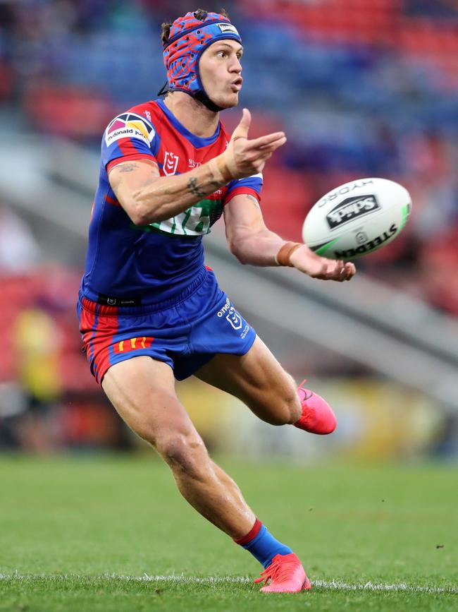 Newcastle’s Kalyn Ponga is apparently better on ice skates than South Sydney’s Corey Allan. Picture: Getty Images