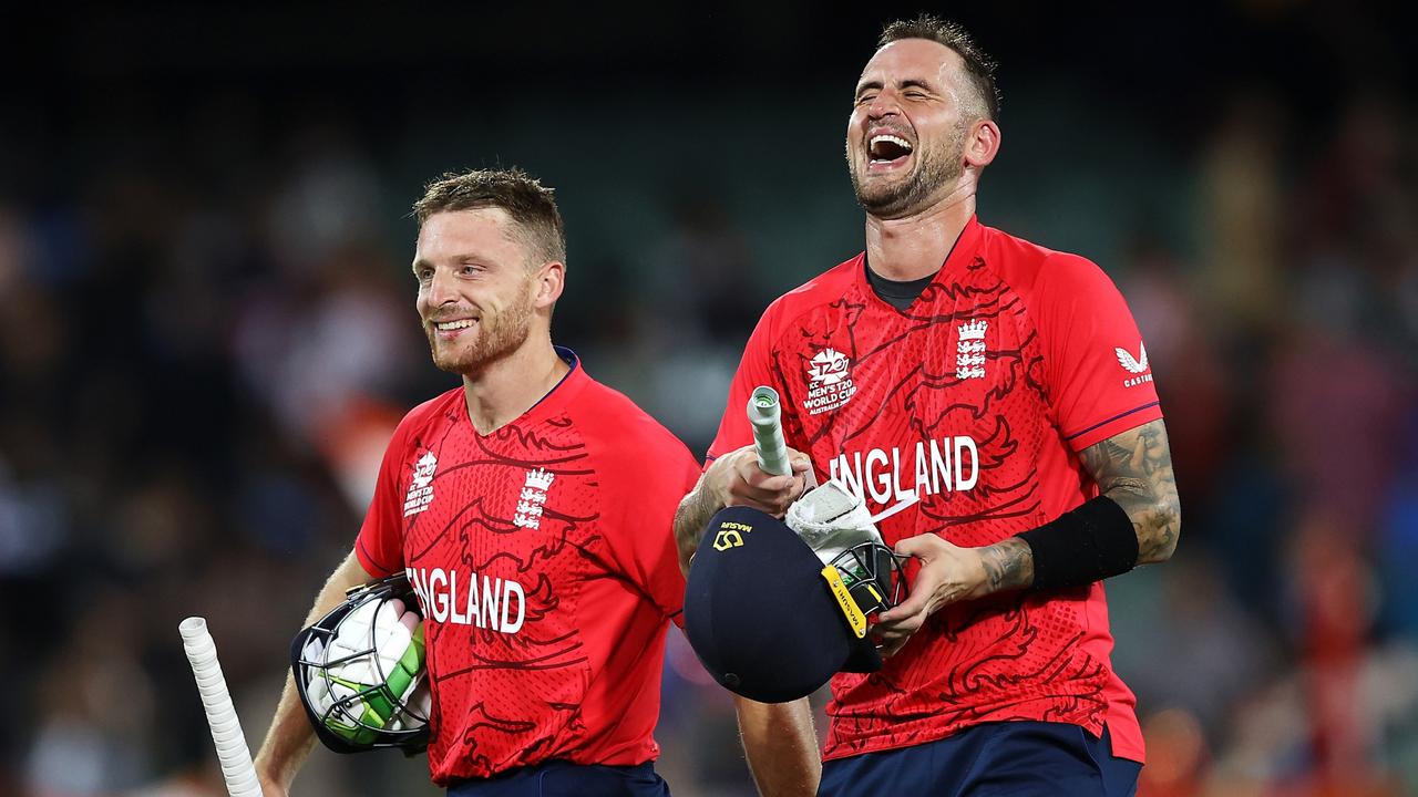 ADELAIDE, AUSTRALIA - NOVEMBER 10: Jos Buttler and Alex Hales of England share a laugh as they celebrate victory during the ICC Men's T20 World Cup Semi Final match between India and England at Adelaide Oval on November 10, 2022 in Adelaide, Australia. (Photo by Mark Kolbe/Getty Images)