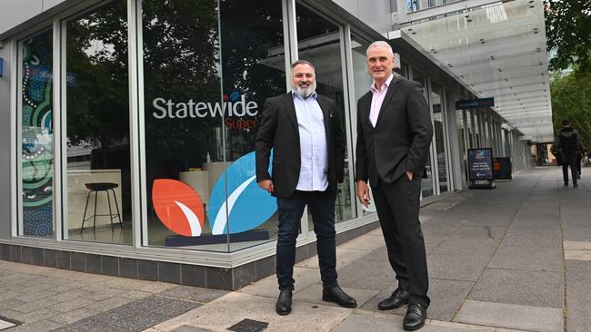 Statewide Super chief investment officer Con Michalakis and chief executive officer Tony D'Alessandro outside the new Super Hub at Victoria Square. Picture: Keryn Stevens