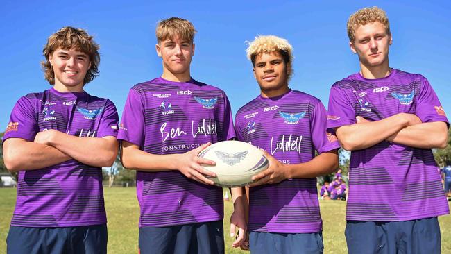 Caloundra State High School grade 10 rugby league team, Lucas Bourke, Keagan Zanchetta, Ellyjah Birve and Angus Lanagan. Picture: Patrick Woods.