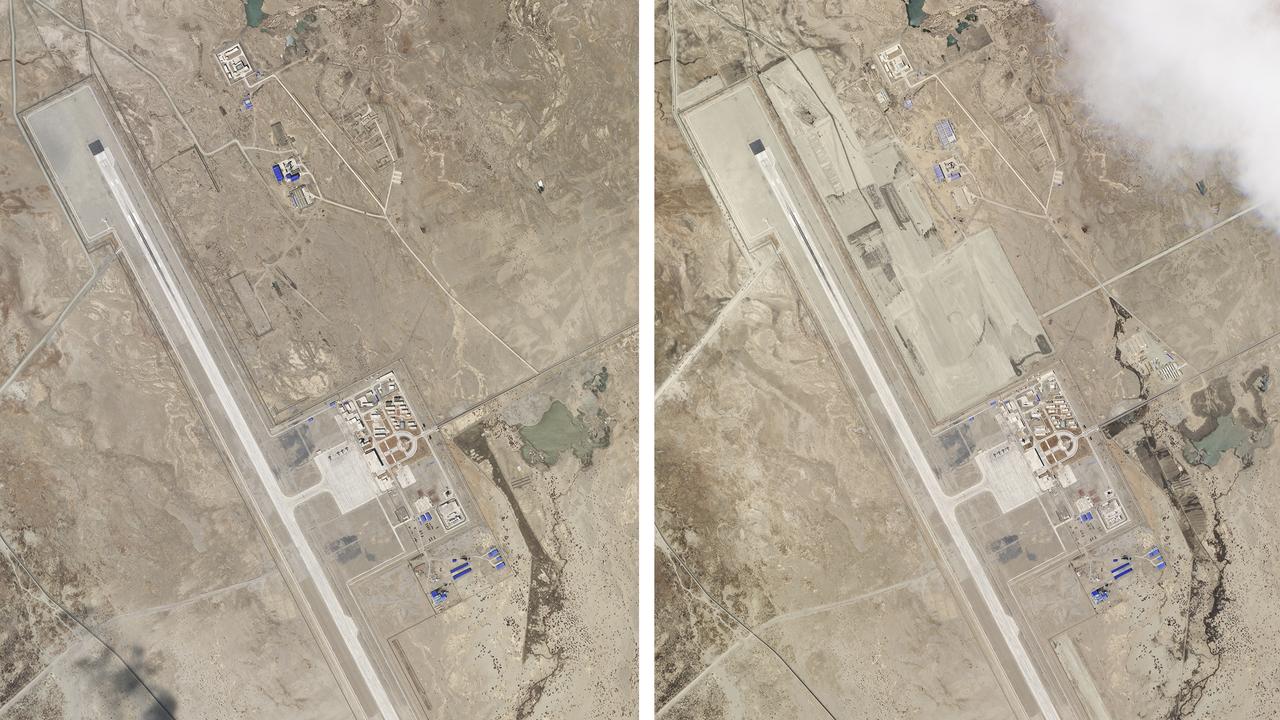 This combination of two satellite photos at an air base in Tibet, China (close to India) shows development around the airport. Picture: Planet Labs via AP