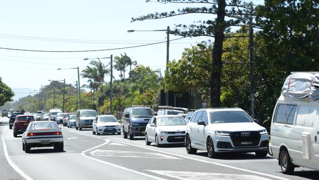 Heavy traffic in Byron Bay on Monday, November 23, 2020. The town has been busy as school-leavers prepare to celebrate an informal schoolies and other travellers have been flocking to the seaside town, while roadworks and road closures relating to a filming project exacerbate the issue. Picture: Liana Boss