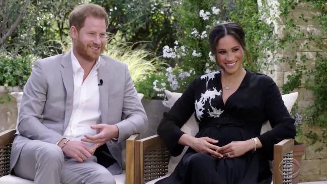 Prince Harry and Meghan Markle with Oprah Winfrey. Picture: CBS