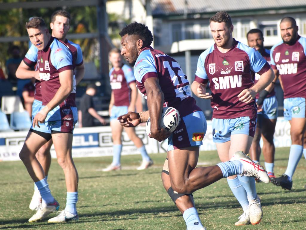 CQ Capras backrower Nixon Putt makes a barnstorming run against the Souths Logan Magpies at Browne Park. Photo: Pam McKay