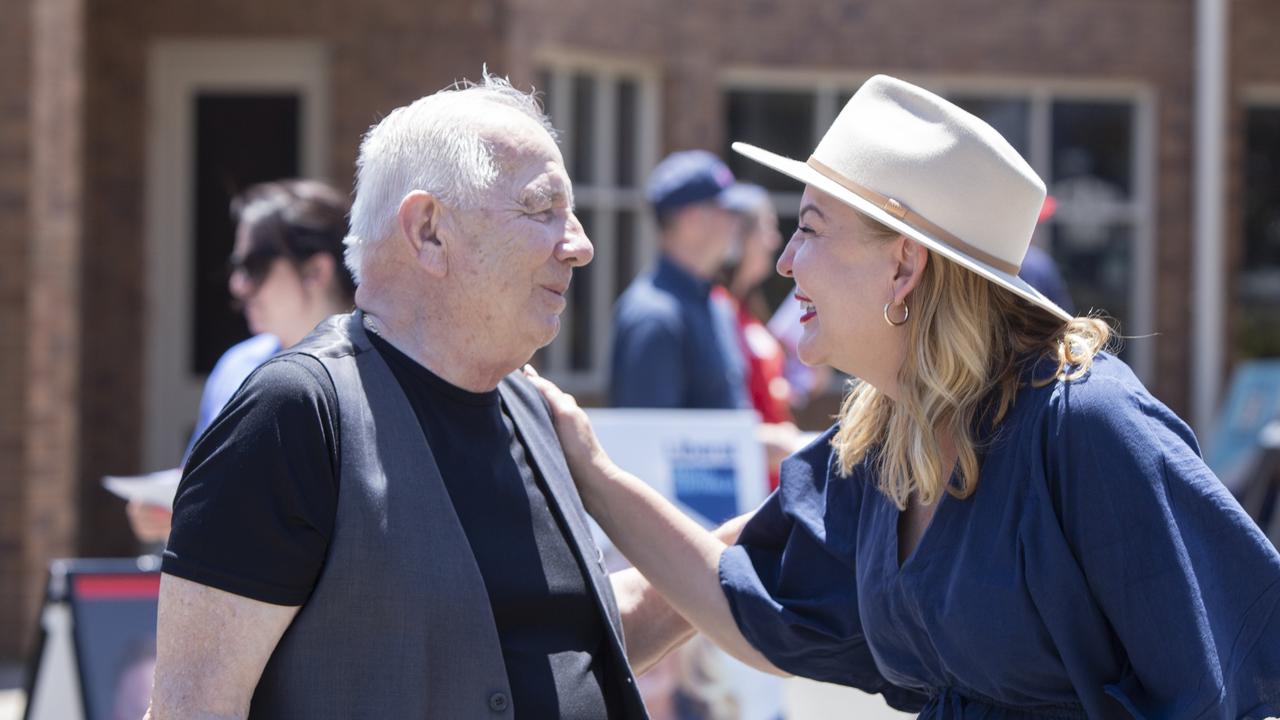 Hallett Cove resident Pashk Dodaj speaking to Ms Wilson at an early voting station. Picture: Brett Hartwig