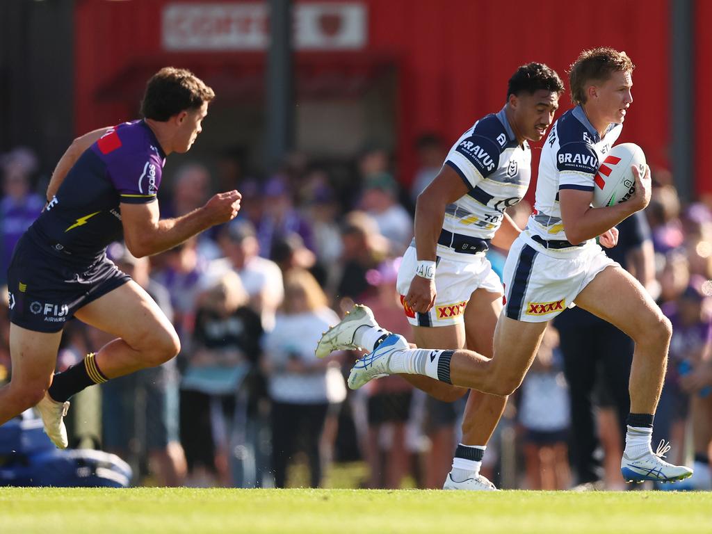 Jaxon Purdue of the Cowboys cuts through the Storm defence. Picture: Getty Images