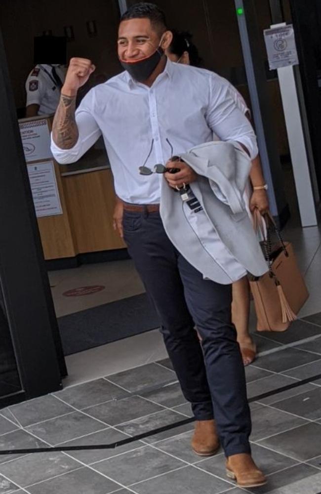 A jubilant Tamafaiga Nick Kepu, 27, celebrates leaving Beenleigh Courthouse via the front stairs. Picture: Alex Treacy