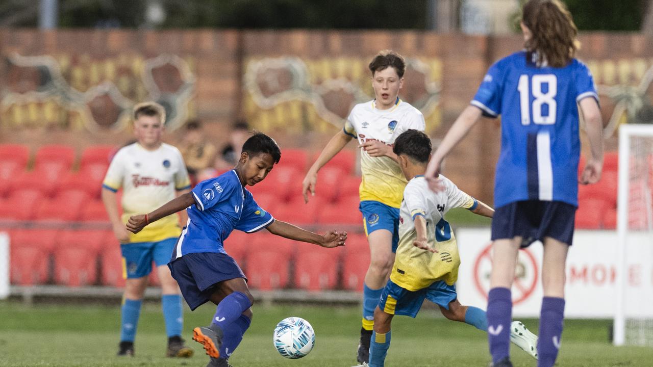 Priyanshu Shrestha of Rockville Rovers White against USQ FC in Football Queensland Darling Downs Community Juniors U13 Div 1 Maroon grand final at Clive Berghofer Stadium, Friday, August 30, 2024. Picture: Kevin Farmer