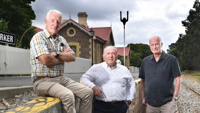 John Hill (Transport Action Group Chair), former SA transport department bureaucrat Luigi Rossi and former transport and infrastructure CEO Rod Hook at Mt Barker Station. Picture: Tricia Watkinson