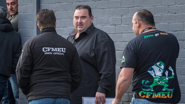 Elias Spernovasilis before entering the meeting as CFMEU workers gather at Festival hall to vote on a new pay deal. Picture: Jake Nowakowski