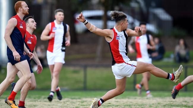 Nailed it: St Kilda City young gun Tyrell Lafituanai drills a goal against Bentleigh. Picture: Steve Tanner