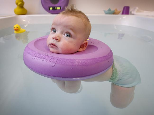 Fabian was strapped into a Bubby flotation device. Picture: David Caird