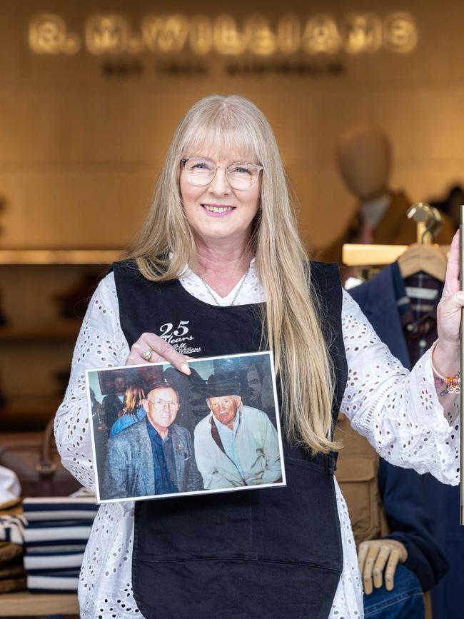 Allyson Edwards holds a picture of her grandfather Tony Scanlon with R.M. Williams. Picture: Emma Brasier