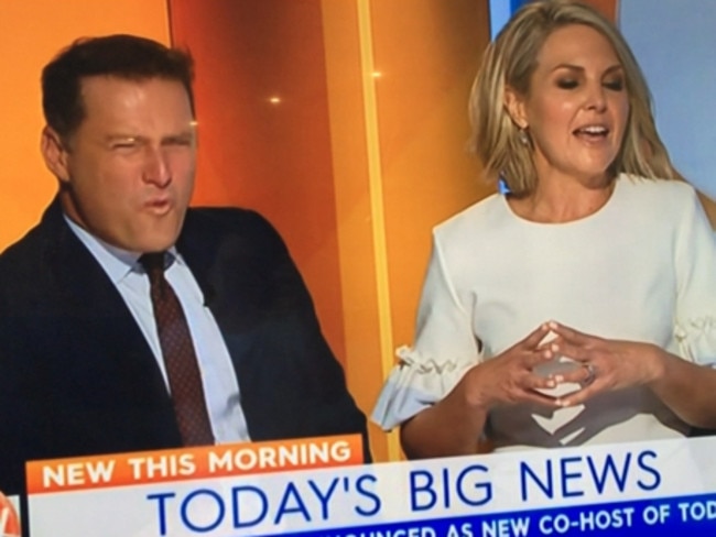 Karl Stefanovic grimaces as new co-host Georgie Gardner ploughs on unperturbed.