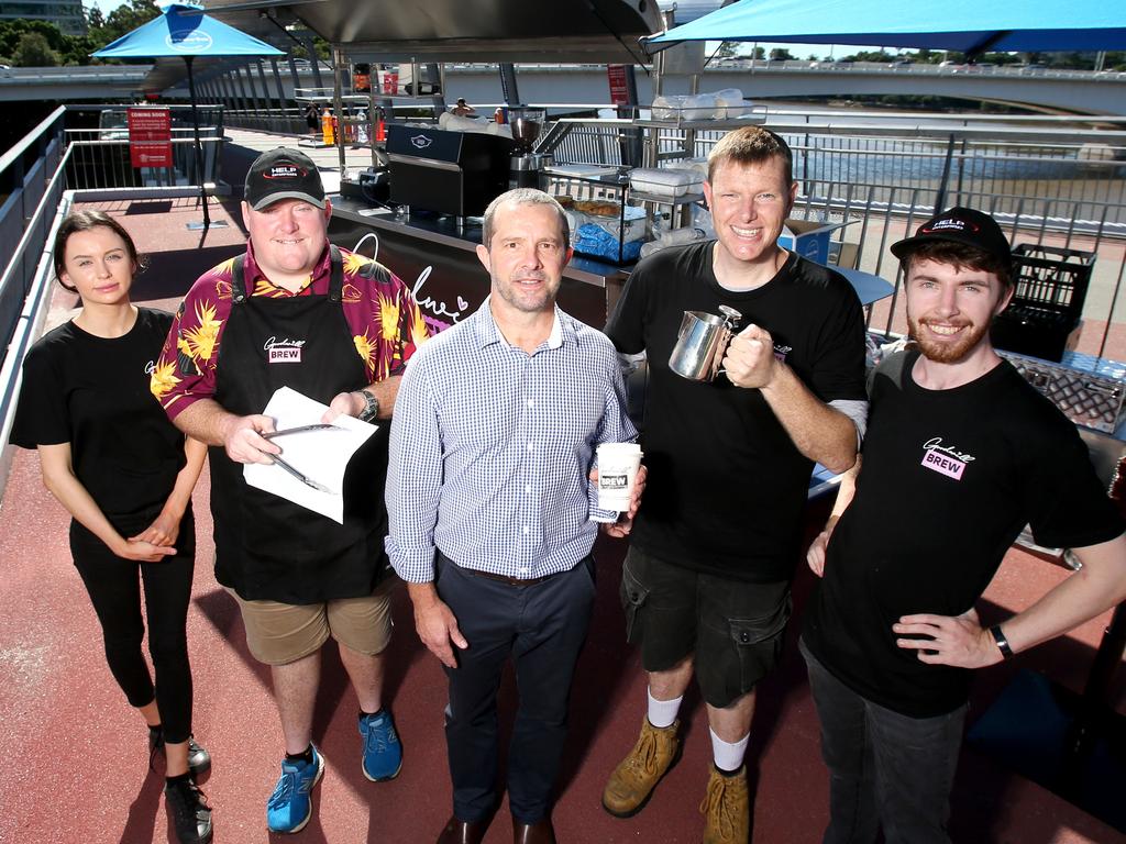 Tess Fitzgerald, Jay Nardi, Denver Fresser (Group Chief Executive – Help Enterprises), Matthew Griffioen and Jared Easterbrook at HELP Enterprises’ new venture Goodwill Brew Cafe. Photo: Steve Pohlner