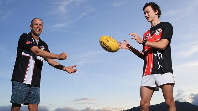 Ivan Clarke was one of the founders of the Cairns Saints Football Club almost 30 years ago His son, Riley Clarke, is now playing with the club. PICTURE: JUSTIN BRIERTY.