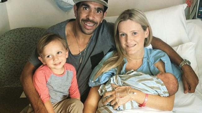 Eddie Betts with new son Billy, wife Anna and older son Lewis.