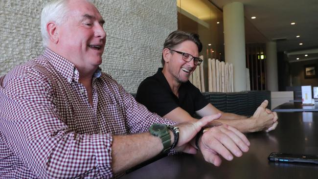 Promoter Andrew McManus chats with Southport Sharks CEO Dean Bowtell about Under the Southern Stars. Picture: Glenn Hampson