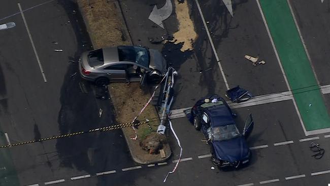 Lygon St / Elgin St Carlton car crash accident- chopper stills. Supplied: 7News