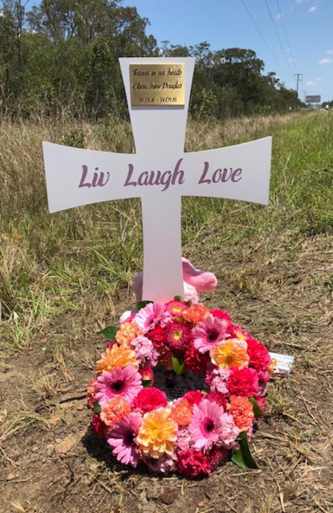 The cross on the side of the Bruce Highway, near Childers, where Olivia died. Picture: Supplied.