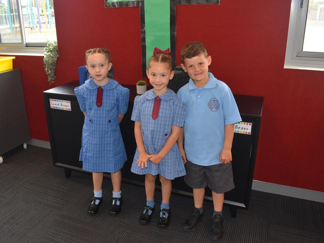 Preppies Mila Read, Willow Graham and Sonny Sinclair on their first day at St Gabriel's Primary School, Traralgon on January 30, 2025. Picture: Jack Colantuono