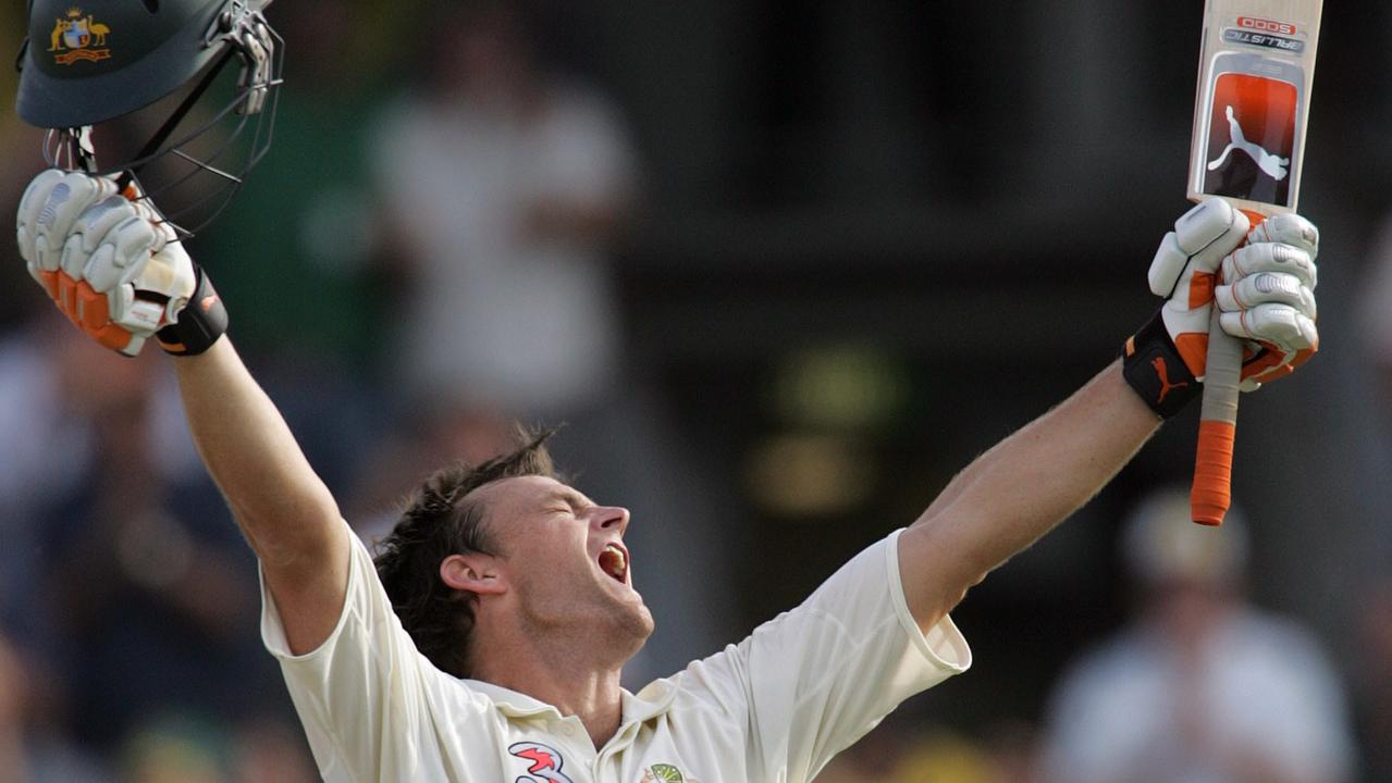 Adam Gilchrist celebrates his hundred against England. 