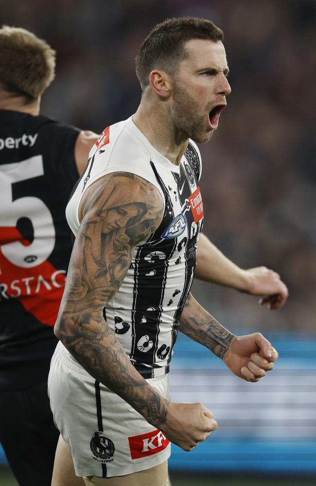 Jeremy Howe of the Magpies celebrates a 1st quarter goal . Pic: Michael Klein