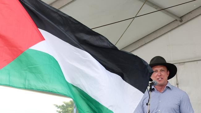 Pro-Palestine activists blocking the stage as the Premier gave his speech at Brisbane Labour Day march. Picture: Liam Kidston