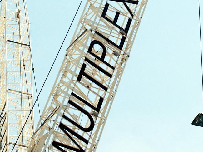**FILE** A Dec. 2, 2003 file photo of a building crane with the logo of Multiplex. The Multiplex group announced today, Feb. 5, 2007, that US developer Brookfield Asset Management Inc has made a formal approach to take over their company. (AAP Image/Joe Castro, File) NO ARCHIVING