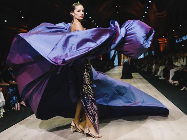 A model showcases designs by Alk By Le' Kal during the Glam Up Runway at Melbourne Fashion Festival. Picture: Naomi Rahim/WireImage