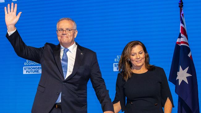 Scott Morrison, pictured with his wife, Jenny, says there are things he wish he’d said differently over the past three years. Picture: Jason Edwards