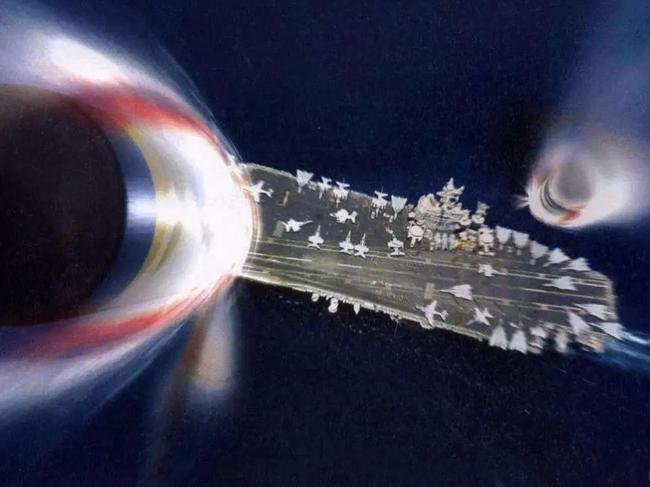 Hypersonic projectiles are shown plunging towards a US Navy nuclear-powered aircraft carrier. The Pentagon admits it has no defence against these weapons.