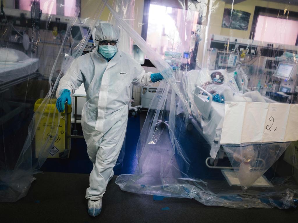 A coronavirus patient in a Paris hospital at the height of the city’s outbreak in April. Picture: Lucas Barioulet/AFP