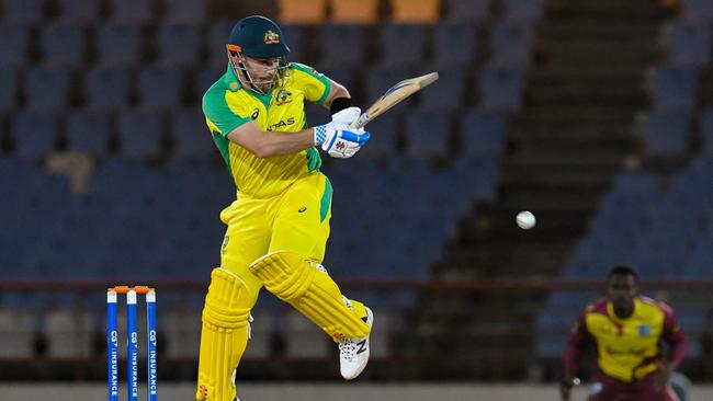 Aaron Finch finally got some runs in St Lucia. Picture: Randy Brooks / AFP