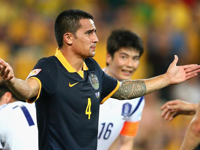 BRISBANE, AUSTRALIA - JANUARY 17: Tim Cahill of the Socceroos reacts during the 2015 Asian Cup match between Australia and Korea Republic at Suncorp Stadium on January 17, 2015 in Brisbane, Australia. (Photo by Cameron Spencer/Getty Images)